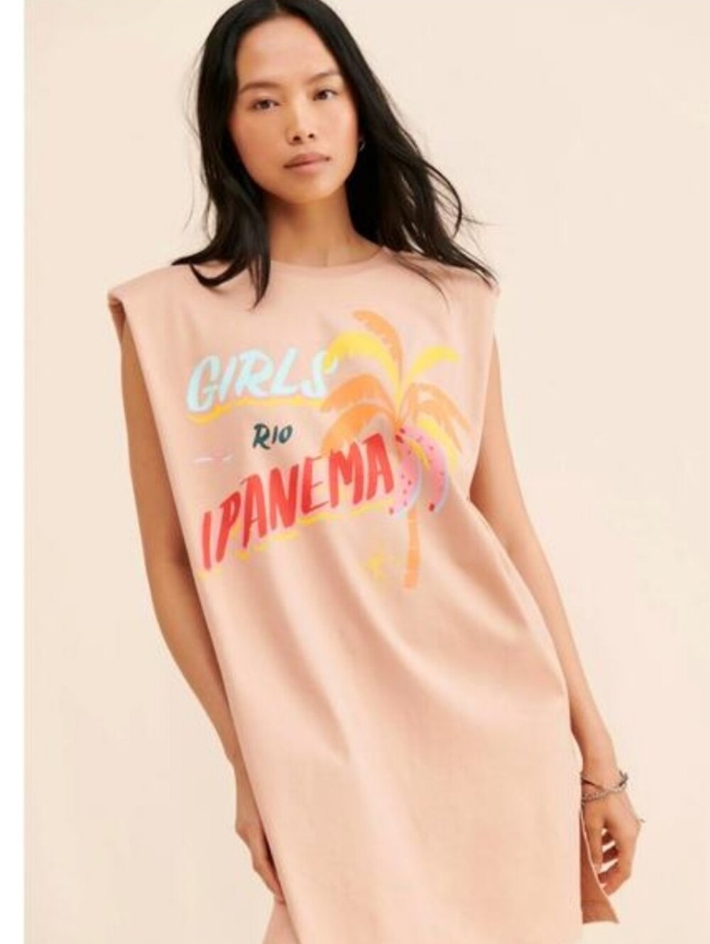 Farm Rio Ipanema Tan Cotton Graphic Muscle Tee Mini Dress